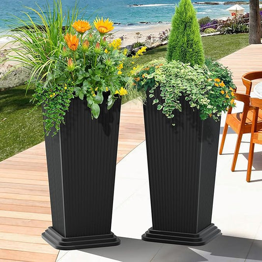 FENCY Set of 2 Tall Planters for Outdoor Plants, 24 Inch Large Tapered Pots with Drainage Trays, Weather-Resistant Plastic Plant Containers for Patio, Porch, Garden, Front Door Decor,Black,Striped