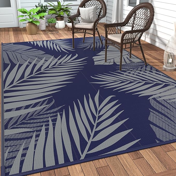 GENIMO Outdoor Rug 8' x 10' Waterproof for Patios Clearance, Reversible Outdoor Plastic Straw Camping Rug Carpet, Large Area Rugs Mats for RV, Camper, Deck, Balcony, Porch, Beach, Navy Blue&Grey