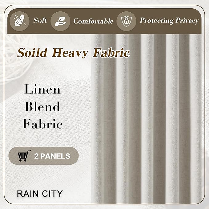 Full Blackout Curtains 96 Inch Length 2 Panels Set Neutral Boho Farmhouse Linen Window Drapes for Bedroom Living Room Thermal Insulated Natural Birch Ivory 8ft Long Pleated/Back Tab with Hooks