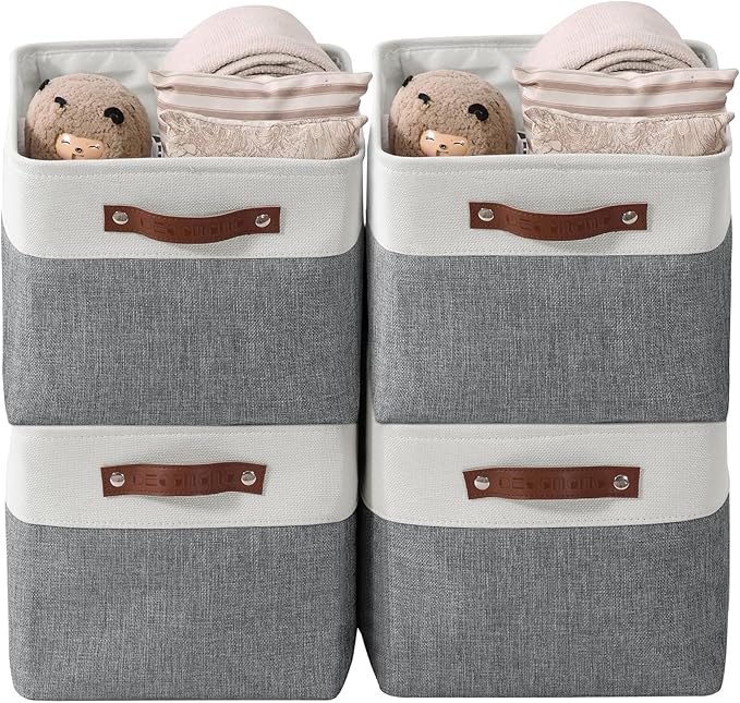 DECOMOMO Storage Bins Fabric Storage Baskets for Shelves, Linen Closet Organization Toys Nursery (Slate Grey and White, Large - 4 Pack)