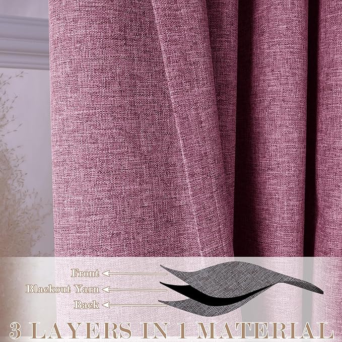 Extra Wide 100% Blackout Linen Textured Curtains - Room Dividers, W150 x L108 (1 Panel), Pinch Pleat Drapes for Living Room, Full Light Block Out Drapery for Sliding Door, Lilac
