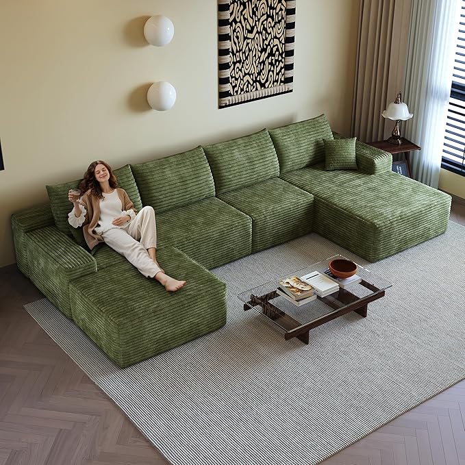 108" Sectional Couches for Living Room Modern Modular Sofa with L-Shape Couchs Upholstered Boneless Couch Deep Seat Sectional Couch with Chaise (Green, Right Facing Chaise+3Seaters+Ottoman)