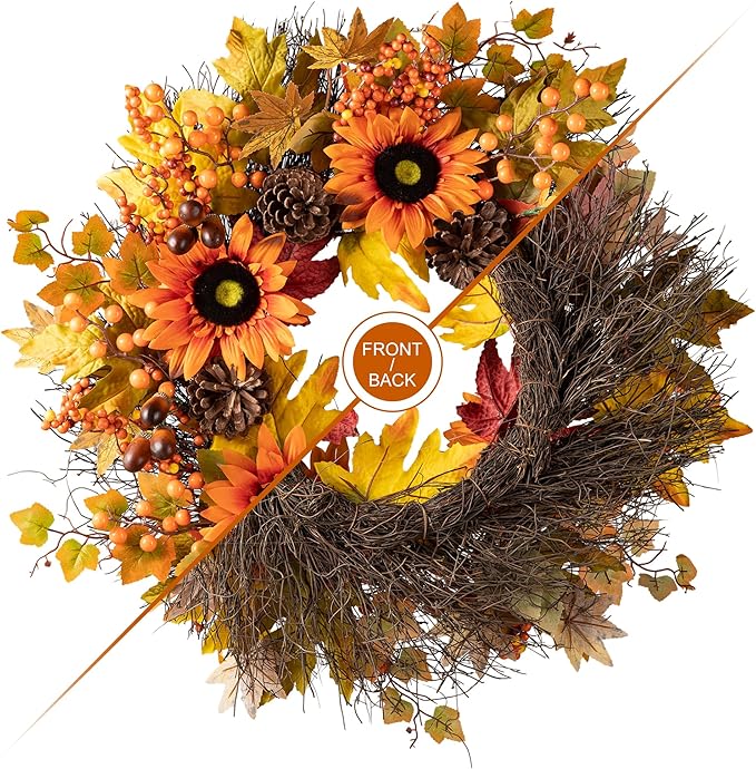 Glitzhome 24'' Fall Wreath for Front Door Decor, Artificial Autumn Orange Wreath with Sunflower, Maple Leaf and Berry Ornament for Wall Fireplace Farmhouse Thanksgiving Day Harvest Festival Decor
