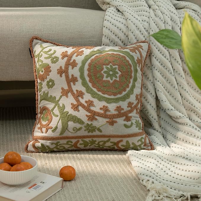 Embroidered Mandala Floral Vintage Indian Cotton Decorative Embroidery Throw Pillow Covers, Fringes Lace Cushion Cover, Pillow Case for Sofa Couch Bed Chair 18" x 18"