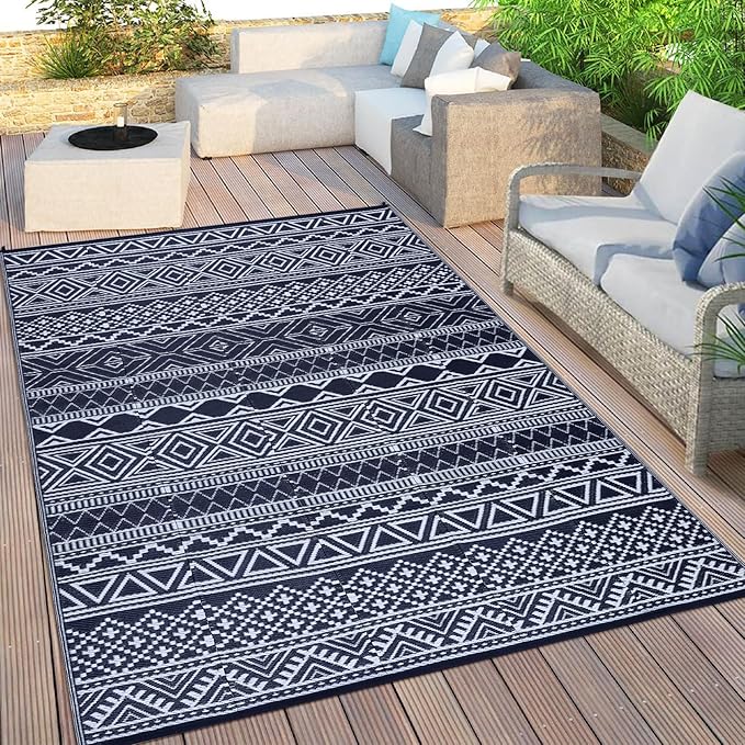 GAOMON Outdoor Rug 9'x12' Waterproof Rug for Patio Decor, Foldable Reversible Plastic Straw Area Rugs Mat for Camper, Outside Carpet for Deck, Porch, Picnic, Beach, Dark Blue/White(Bohemia)