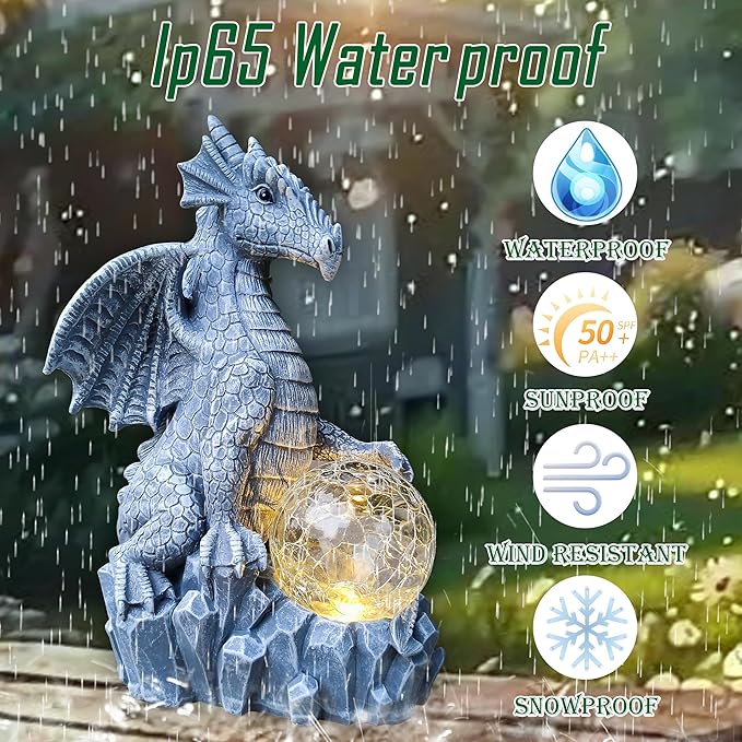 Dragon Solar Garden Statues Outdoor Decoration with Magic Orb,Dragon Figurine Solar LED Lights Lawn Décor,Outside Statue Ornament for Patio, Balcony, Yard,Unique Gifts for Mom Grandma