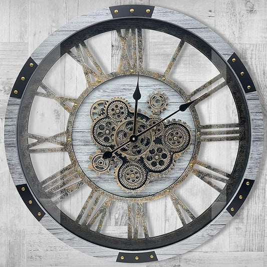 DORBOKER 27" Original Moving Gears Wall Clock, Large Industrial Wall Clock for Living Room Decor, Retro Metal Solid Wood Vintage Farmhouse Steampunk Rustic Clocks for Wall Decor,Silver Grey