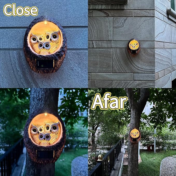 Garden Owl Family Tree Hugger Statue Solar Powered Outdoor Wall Mounted Figurine Light Resin Sculpture Home Decoration Housewarming Ornament Unique Gift