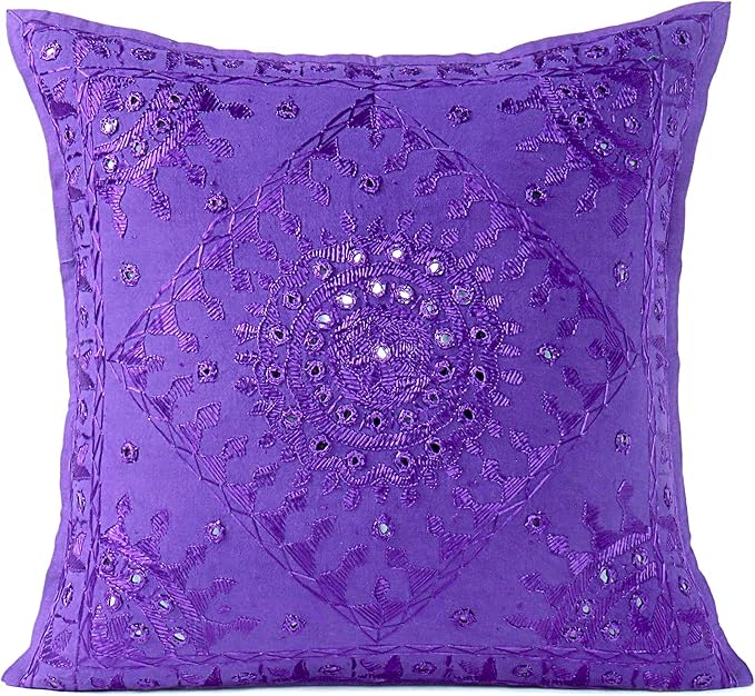 Eyes of India Embroidered Decorative Boho Throw Pillow Cover with Mirrors, Handmade Bohemian Accent Cushion Case for Sofa Couch Bedroom Living Room (Purple, 16" x 16")