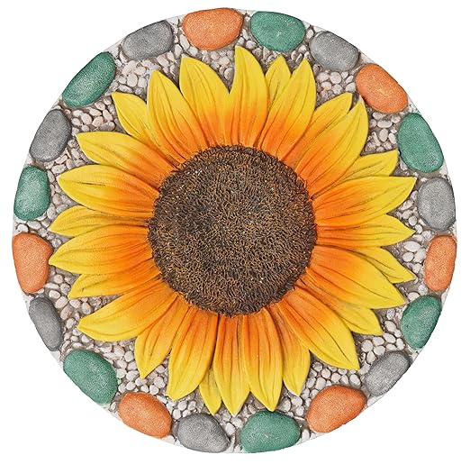 Decorative Sunflower Garden Stepping Stone - Colorful Pebble Border, Garden Stepping Stones Outdoor Yard Decor 10x10x0.75 Inches