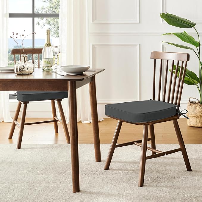 downluxe Chair Cushions for Dining Chairs, Waterproof Kitchen Chair Pads, Non-Slip Dining Seat Cushion with Ties, 17" x 16" x 2.5", Dark Grey, 4 Pack