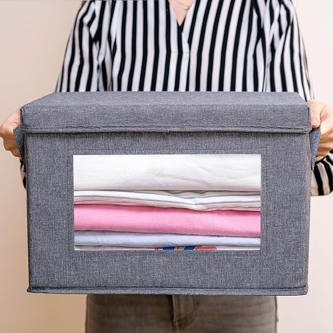 Citylife 3-Pack Collapsible Storage Bins with Lids, Linen Fabric Foldable Storage Boxes, Cube Closet Organization for Clothes, Blankets and Books, Gray