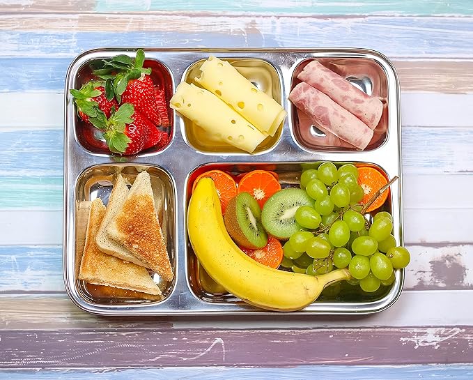 Extra Large Premium Stainless Steel Dinner Plates, 5 Compartments, Set of 2 | Eco Friendly Dinnerwear for Camping, Portion Control, Meal Prep, Lunch, and Party