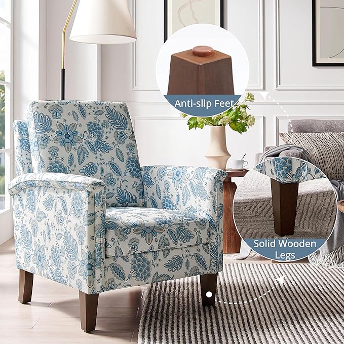Floral Accent Chair, High Back Upholstered Armchair with Solid Wooden Legs, Padded Armrest and Removable Comfortable Cushioned Seat Single Sofa for Living Room, Bedroom, Blue