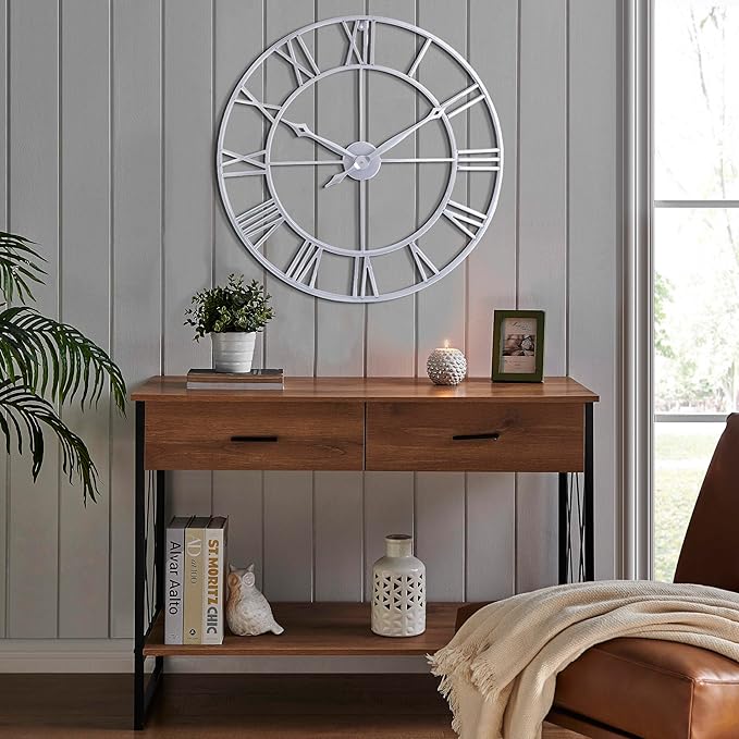 CLXEAST Large Modern 30 Inch Wall Clock Silver, Oversized Big Roman Numeral Metal Wall Clocks for Living Room Decor, Home Office
