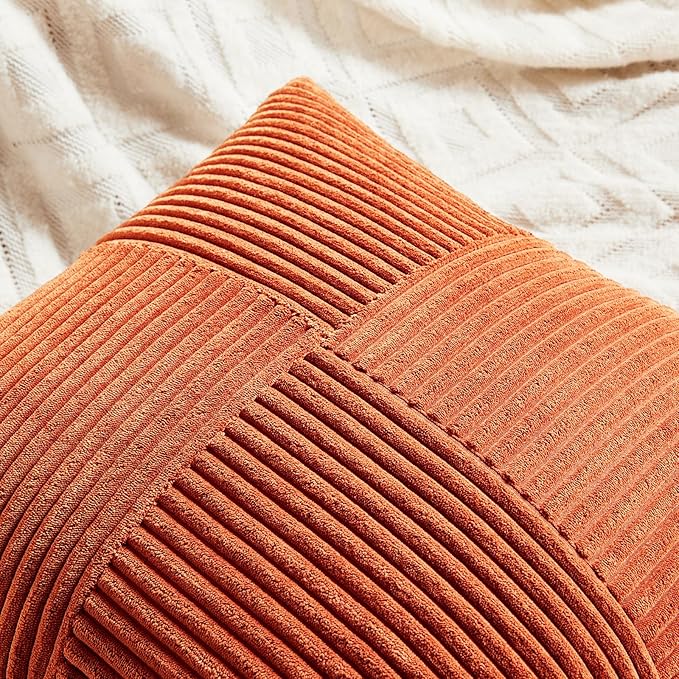 Fancy Homi Set of 2 Burnt Orange Decorative Throw Pillow Covers 20x20 Inch for Living Room Couch Bed, Boho Farmhouse Fall Home Decor, Soft Corss Corduroy Patchwork Textured Cushion Case 50x50 cm