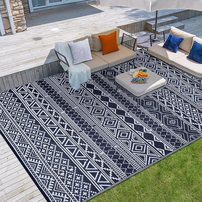 GAOMON Reversible Outdoor Rug 9'x18' Waterproof Plastic Straw Rug, Patio Rug, Large Modern Area Rug Carpet, Indoor Outdoor Rugs for Camping, Porch, Deck, Balcony, Backyard, Dark Blue/White(Bohemia)