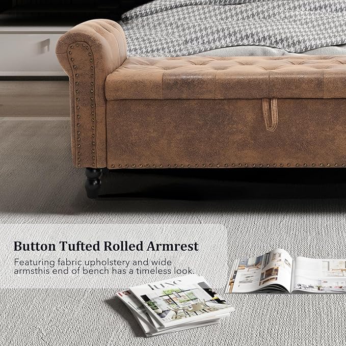 Furniliving 55” End of Bed Bench, Bedroom Bench with Button-Tufted, Large Upholstered Storage Ottoman Entryway Bench with Storage Shoe Cabinet Bench, for Bedroom, PU, Coffee