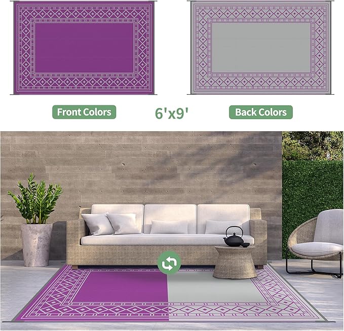 GENIMO Outdoor Rug Waterproof 6'x9' for Patio, Foldable Reversible Plastic Straw Carpet for Travel Trailers, Outside Area Mat for Rv, Deck, Picnic, Porch, Camper, Balcony, Beach, Purple & Grey