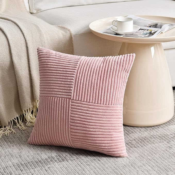 Fancy Homi 2 Packs Blush Pink Decorative Throw Pillow Covers 22x22 Inch for Living Room Couch Bed Sofa, Rustic Farmhouse Boho Home Decor, Soft Corss Corduroy Patchwork Accent Cushion Case 55x55 cm