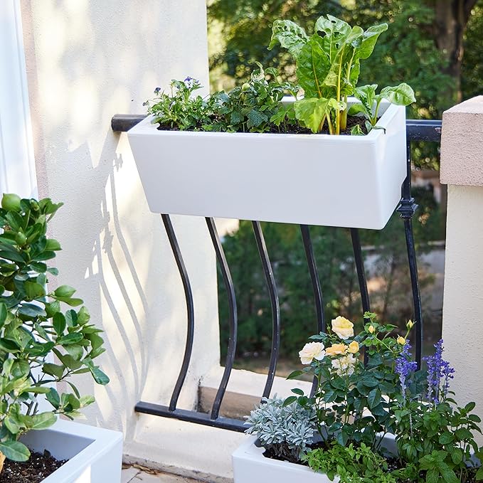 Glowpear Self Watering Railing Planter Box - 23.6", White - UV Stable, Scalable Plant Pot with Water Gauge, Indoor Outdoor for Vegetables, Flowers, Herbs, and Succulents