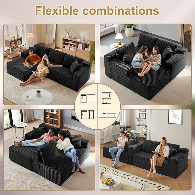 108" Sectional Couches for Living Room Modern Modular Sofa with L-Shape Couchs Upholstered Boneless Couch Deep Seat Sectional Couch with Chaise (Black, Left Facing Chaise+2Seaters)