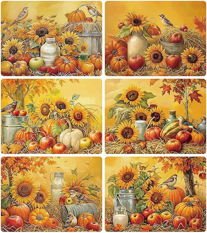 Fall Placemats Set of 6 Thanksgiving Pumpkin Plastic Table Mats Farmhouse Rustic Fall Autumn Place Mats Washable Vinyl Rustic Holiday Table Decoration for Indoor Outdoor Party Kitchen Dining