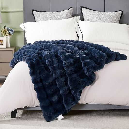 DREAMNINE Large Soft Thick Fuzzy Bubble Faux Rabbit Fur Blanket Full Size 70" x 80",Double Sided Comfy Plush Warm Shaggy Fluffy Blankets, Luxury Big Cozy Cute Textured Furry Blanket for Bed, Navy Blue