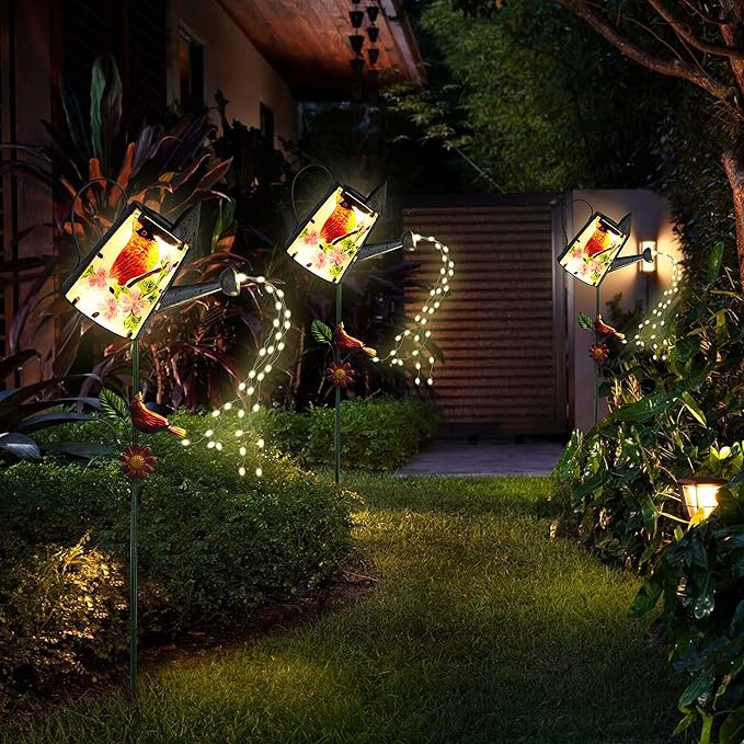 Garden Solar Lights Outdoor, Metal Watering Can Garden Stake Lights Cardinal Bird Decor Glass Art for Walkway, Pathway, Yard, Lawn