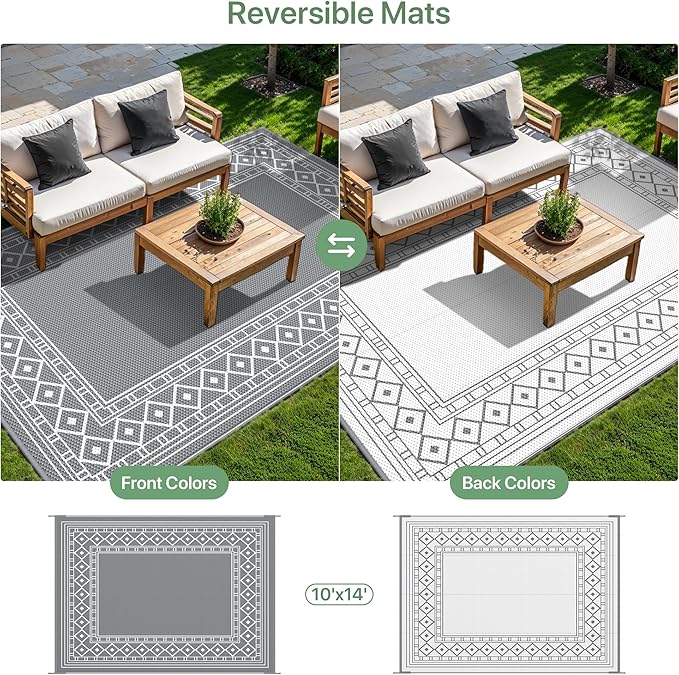 GENIMO Outdoor Rug Waterproof Area 10'x14' for Patio, Foldable Reversible Plastic Straw Carpet for Travel Trailers, Outside Mat for Rv, Deck, Picnic, Porch, Camper, Balcony, Beach, Grey & White