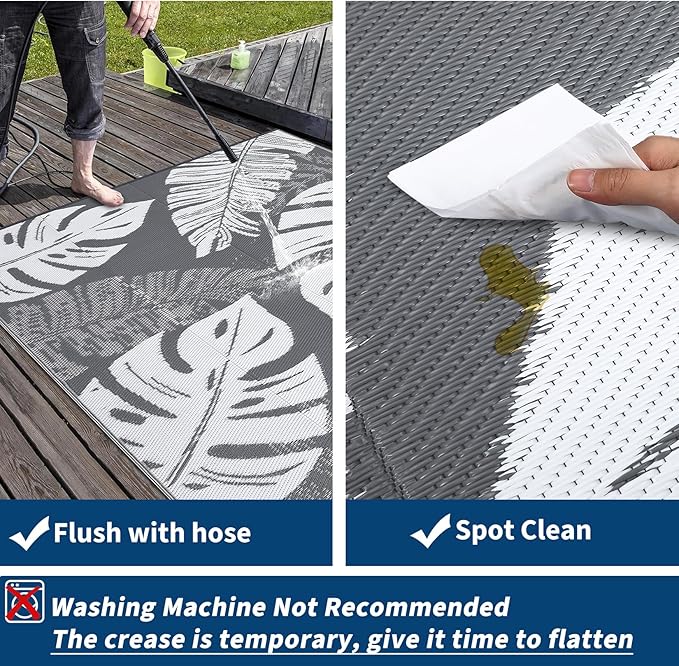 GAOMON Outdoor Rug Waterproof 9x12 Outdoor Plastic Straw Rug for Patio, Reversible Modern Camping Mat with Bag & Stakes, UV Resistant & Easy to Clean Carpet for RV, Deck, Balcony, Grey
