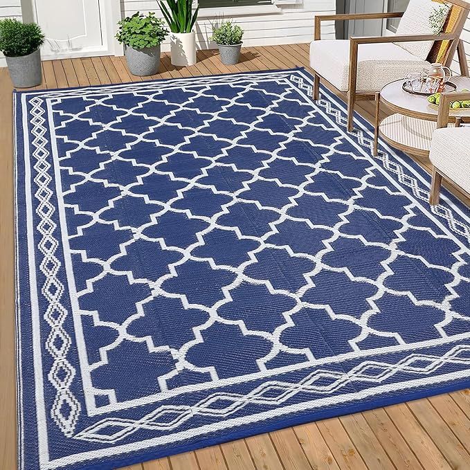 GAOMON Outdoor Plastic Straw Rug, 10'x14' Reversible Sage Green Patio Mat, Flower Modern Design for RV, Backyard, Deck, Camping, Picnic, Navy/White(Geometric)