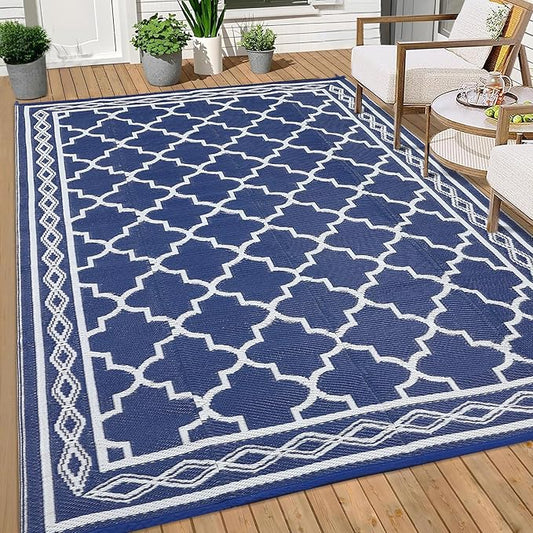 GAOMON Outdoor Plastic Straw Rug, 10'x14' Reversible Sage Green Patio Mat, Flower Modern Design for RV, Backyard, Deck, Camping, Picnic, Navy/White(Geometric)