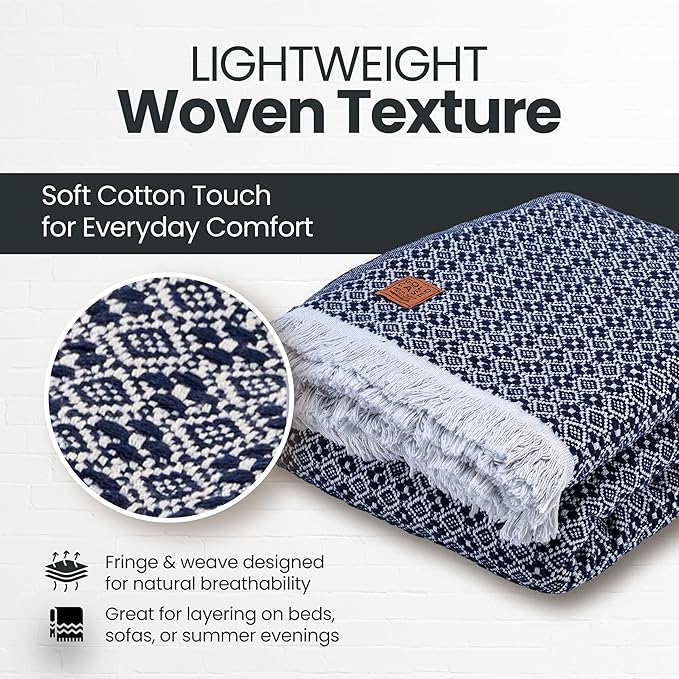 Gold Case Throw Blanket for Bed – 100% Recycled Turkish Cotton Bed Blanket – Decorative Throw Cotton Blankets for Living Room & Bedroom – Retro Navy Blue Woven Queen Blankets – 90x90