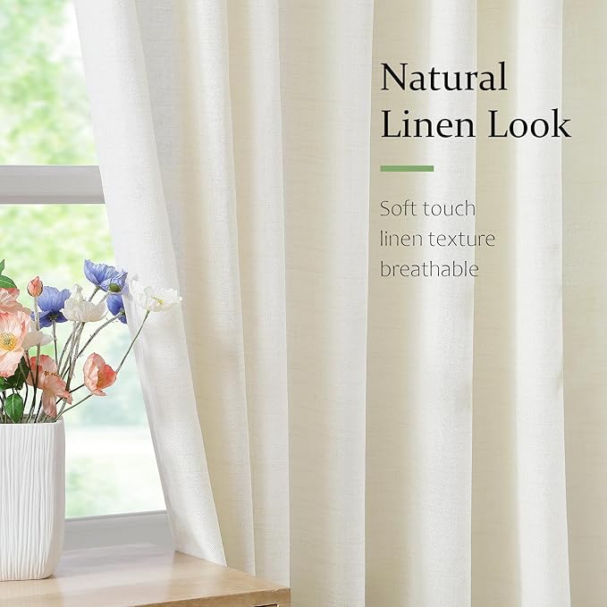 FMFUNCTEX Pinch Pleated Curtains 84 Inches Long for Living Room, Ivory Semi Sheer Faux Linen Textured Pleat Drapes for Bedroom with Hooks, Light Filtering Farmhouse Window Drapes 2 Panels