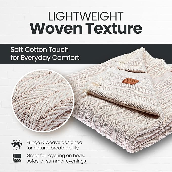 Gold Case Throw Blanket for Couch – 100% Recycled Turkish Cotton Blankets & Throws – Elegant Decorative Throw Blankets for Living Room Sofa – Woven Throws for Couch – Vintage Beige – 60x80