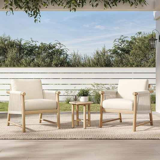 CHITA 3 Pieces Boho Patio Rattan Bistro Set, Outdoor Wicker Chairs & Side Table Set with Acacia Wood Frame(Cream)
