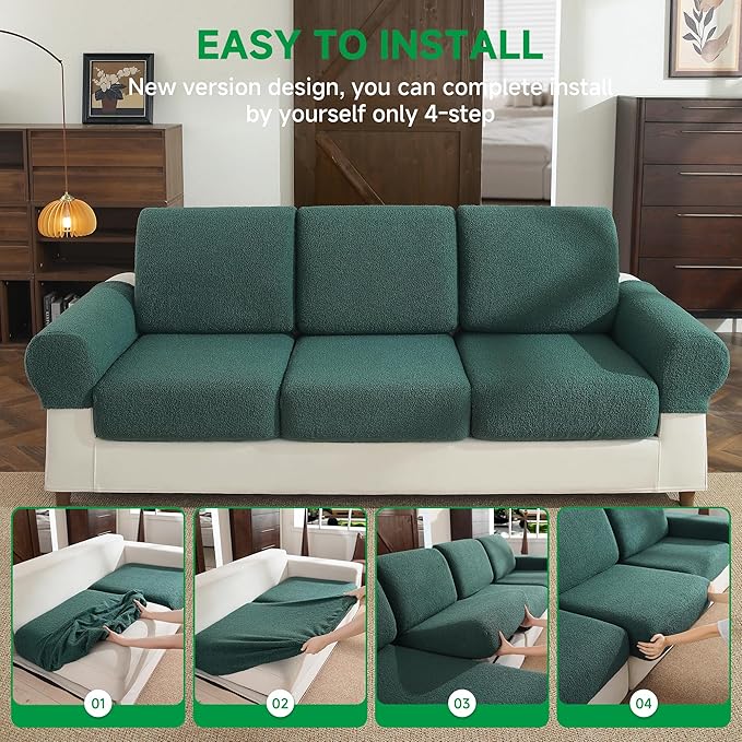 Couch Cushion Covers for Sectional Sofa, Stretch Soft Sofa Slipcovers Washable Wear-Resistant Universal Furniture Protector for Living Room(3 Seaters Covers+1 Chaise Cover, Green)