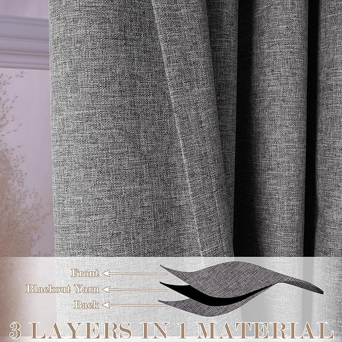 Gray Pinch Pleat 100% Blackout Drapes Linen Blend, Room Divider, Room Darkening, Energy Saving, Furniture Protecting, Light Blocking Extra Wide Privacy Curtains, 200Wx102L, 1 PC