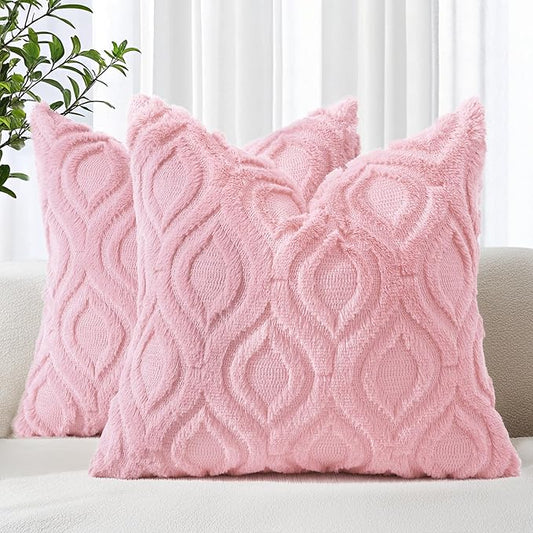 decorUhome Throw Pillow Covers 24x24 Inch Set of 2, Soft Plush Decorative Faux Fur Light Pink Solid Couch Pillow Covers, Accent Farmhouse Neutral Square Euro Pillow Cases for Sofa Bed Living Room