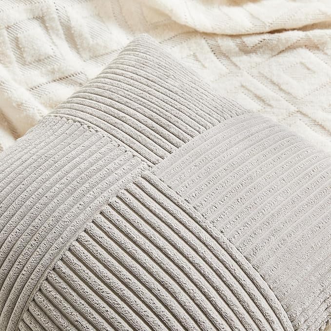 Fancy Homi 2 Packs Neutral Grey Decorative Throw Pillow Covers 16x16 Inch for Living Room Couch Bed, Rustic Farmhouse Boho Home Decor, Soft Corss Patchwork Corduroy Textured Square Cushion Case 40cm