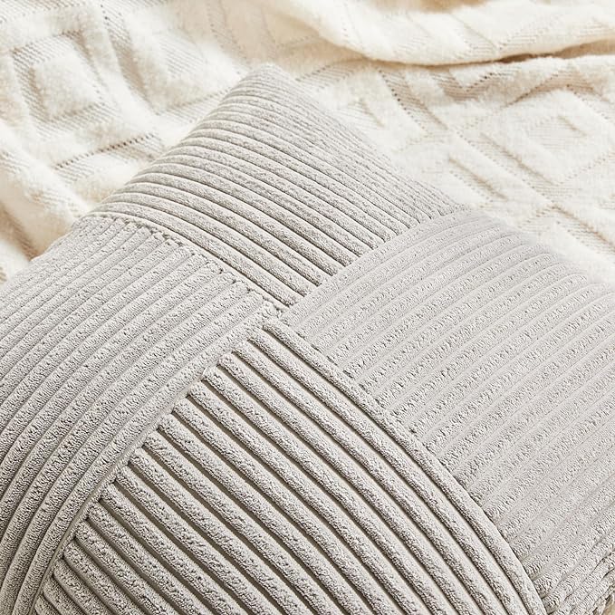 Fancy Homi 2 Packs Neutral Grey Lumbar Decorative Throw Pillow Covers 12x20 Inch for Living Room Couch Bed Sofa, Farmhouse Home Decor, Soft Striped Corduroy Rectangle Accent Cushion Case 30x50 cm