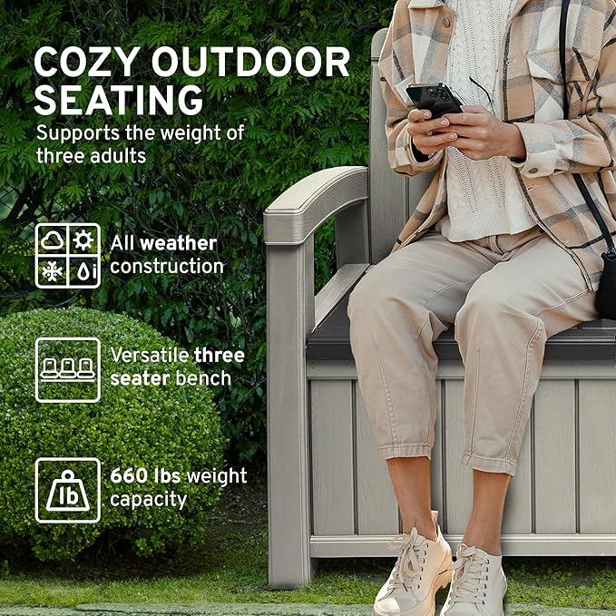 EconoHome 3 Seat Outdoor Storage Bench with Rain Cover - 90 Gallon Capacity - Weatherproof Resin Bench for Patio, Porch, Garden, Yard, Pool Area - Furniture for Pool Accessories, Gardening Tools