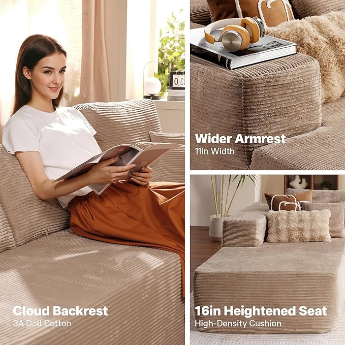 104" Cloud Sectional Couches for Living Room,L Shaped Boneless Couch in A Box,Sleeper Sofa with Comfy Chaise No Assembly Required,Camel