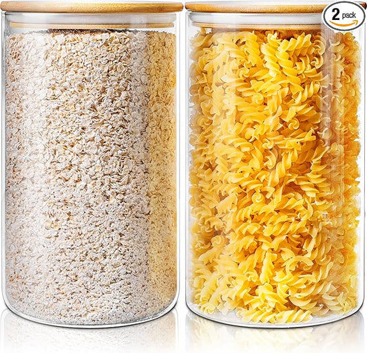 Extra Large Glass Flour and Sugar Storage Containers with Airtight Lids,132 floz x2 [Set of 2] Big Glass Jars with Bamboo Lids, Air Tight Food Storage Jars for Cereal, Pasta, Rice, Coffee