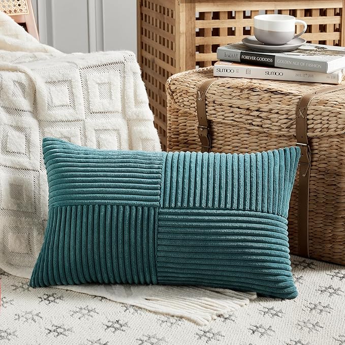 Fancy Homi 2 Packs Teal Lumbar Decorative Throw Pillow Covers 12x20 Inch for Living Room Couch Bed Sofa, Rustic Farmhouse Boho Home Decor, Soft Striped Corduroy Rectangle Accent Cushion Case 30x50 cm