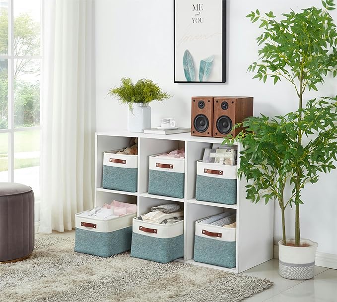 DECOMOMO Storage Bins Fabric Storage Baskets for Shelves, Linen Closet Organization Toys Nursery (Green and White, Large - 3 Pack)