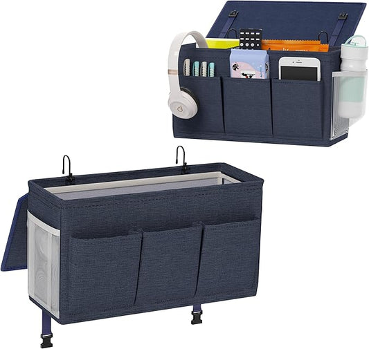 Dual-purpose Bedside Caddy Bedside Organizer, Bed Caddy with 6 Pockets, Versatile Bedside Storage Solution Magazine Remotes holder, ideal for Home, Dorm, Hospital, Crib Bed (Navy 2pcs)