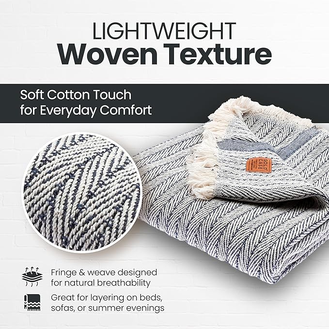 Gold Case Throw Blanket for Couch – 100% Recycled Turkish Cotton Blankets & Throws – Elegant Decorative Throw Blankets for Living Room Sofa – Woven Throws for Couch – Vintage Navy Blue – 50x60