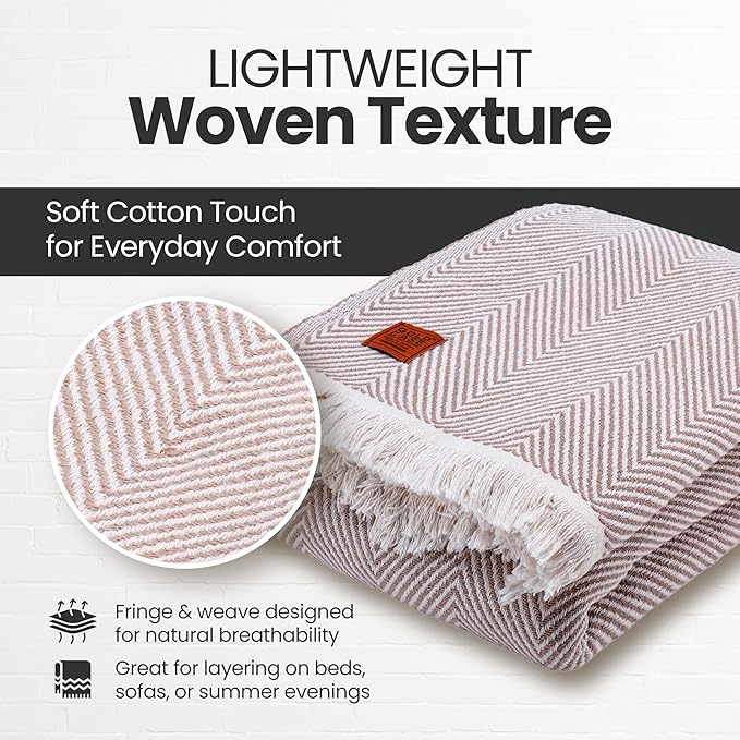 Gold Case Throw Blanket for Bed – 100% Recycled Turkish Cotton Bed Blanket – Decorative Throw Cotton Blankets for Living Room & Bedroom – Elegant Beige Woven Queen Blankets – 90x90